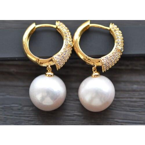 P7632 Luxurious 14mm Round White Edison Pearl Dangle Earring CZ