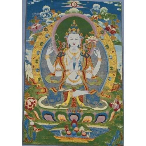 Brocade, painting, silk, fine embroidery, hidden Buddhas, Thangka, Tang Dynasty, four arms, lotus, Guanyin