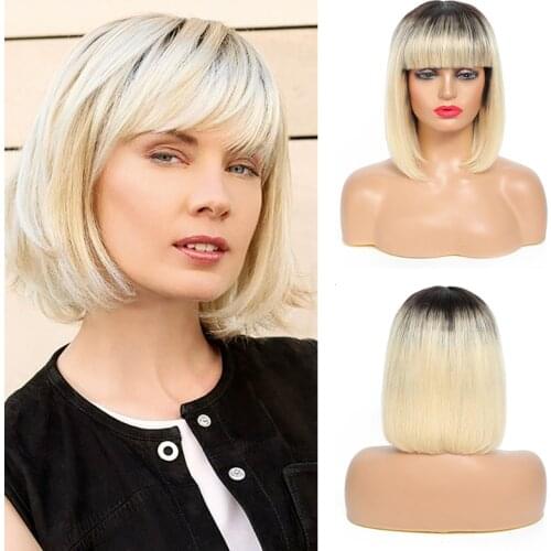 Human Hair Wig With Bangs Straight BOB Wig Colored Ombre 613 Blonde Brazilian Hair Full Machine Wigs For Women Non-Remy IJOY