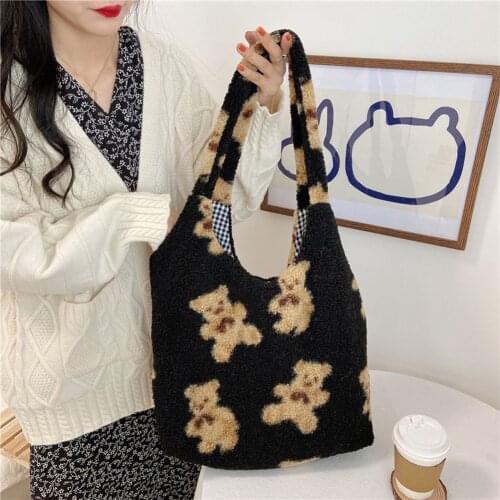 Portable Women Girls Cute Shoulder Bags Cartoon Bear Print Fleece Tote Large Capacity Soft Shopping Handbags
