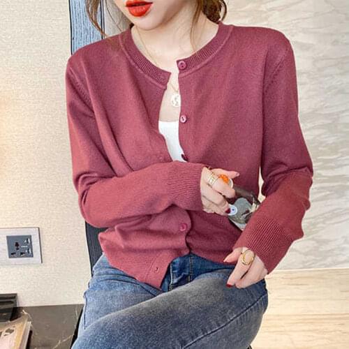 Lucyever 2021 Casual Single Breasted Knitting Coat Women Autumn Long Sleeve O Neck Cardigan Woman Solid Button Crop Top Sweater