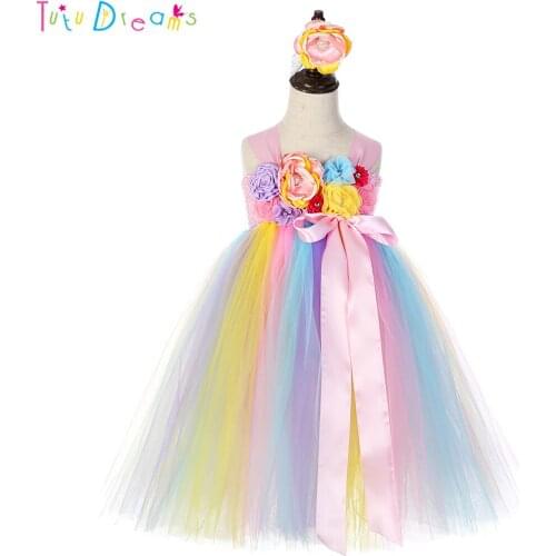 Rainbow Pageant Unicorn Tutu Dress Flower Girls Pastel Colorful Ribbons Birthday Party Dresses Kids Halloween Christmas Costume