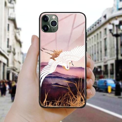 Nordic Abstract Elegant crane metal Silicone Glass Phone Case Cover Shell For iPhone SE 6 6s 7 8 Plus X XR XS 11 12 Mini Pro Max
