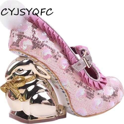 CYJSYQFC Bling Sequins Wedding Shoes Studded Belt Pompoms Pink Glitter Novelty Metal Rabby Heels Women Pumps Dress Party Shoes