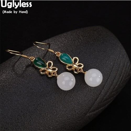 Uglyless 100% Genuine Solid 925 Silver Fine Jewelry for Women Cute Hollow Butterfly Earrings Jade Ball Earrings Gold Chalcedony