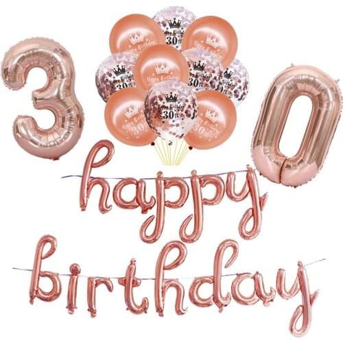 Rose Gold Confetti Balloons Number Crown Latex Ballon Happy 30th Birthday Party Ballons Adult 18th Birthday Party Supplies 40 50