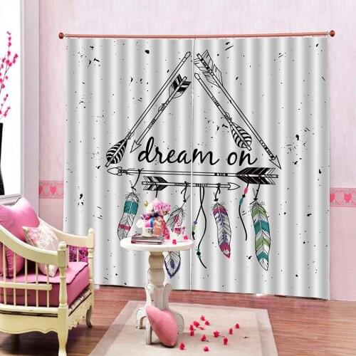 Bohesmian Style Blackout Curtain Ethnic Arrows Shape Dream On Hand Writing Feathers Fabric Drapes For Living room Bedroom Decor