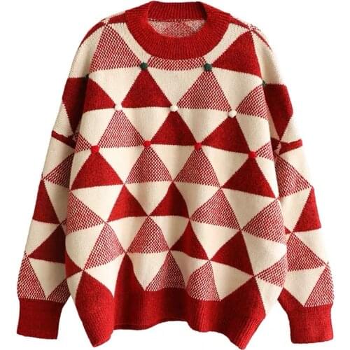Womens Autumn Winter Red White Sweater Pullover Geometric Knitted Long-Sleeved Stitching Knitted Top 2021 New