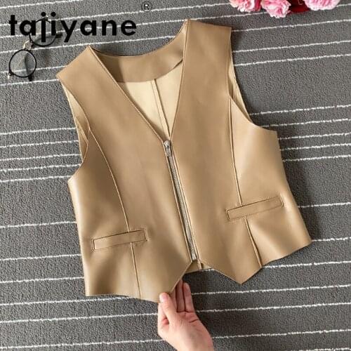Tajiyane Black Crop Top for Women Genuine Leather Vest Woman Real Sheepskin Sleeveless Jackets Womens Vests Chaleco Mujer TN2890