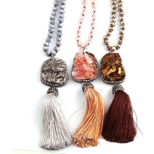 Fashion Bohemian Tribal Jewelry Long Crystal knotted long Halsband 5X8 Glass Crystal Natural Druzy & Tassel Necklace