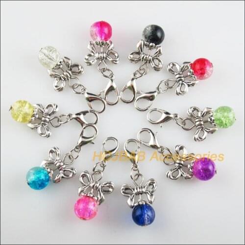 10 New Bowknot 14x20mm Charms Mixed Shivering Glass Tibetan Silver Tone Retro With Lobster Claw Clasps
