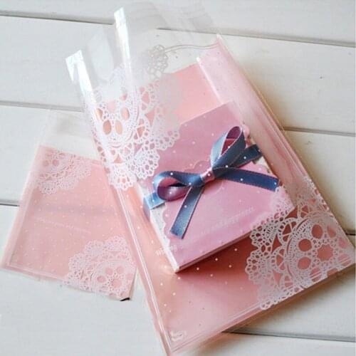 100pcs 16x20cm Pink Lace Doily Self-Adhesive Transparent Snacks Bag Party Favor Treat Candy Cookies Bakery Packing Plastic Bag