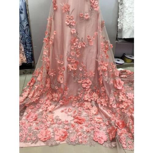 5 yards chic carol pink lace fabric with 3D beads flowers appliques / rose pink bridal mesh embroidered 3D flowers lace fabrics