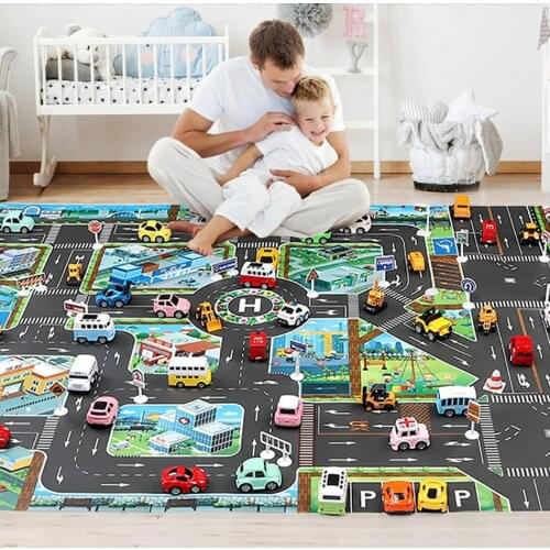 Baby Crawling Mats Canvas Climbing Mat Kids Rug Developing Boy and Girls Big City Traffic Road Carpet with Toys