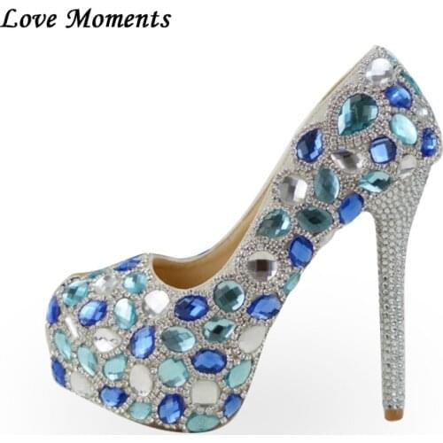 LuxEcho blue big rhinestone women wedding shoes thin heel platform shoes girl party shoe 14cm high shoes