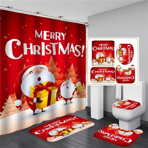 Red Merry Christmas Shower Curtains Set With Rug Carpet Waterpeoof Bathtub Bathroom Screen Toilet Partition Festival Decoration