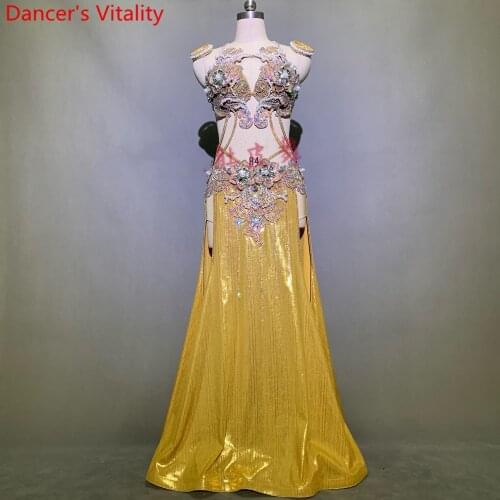 Women Belly Dance Competition Outfits Customized Slap-up Diamond Bra Skirt Belt Oriental Indian Drum Dancing Performance Costume