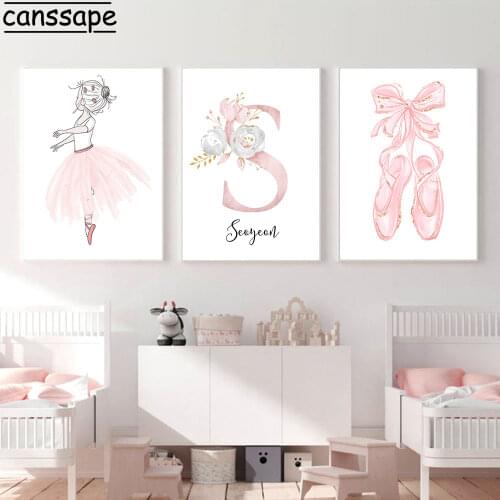 Pink Unicorn Poster Flower Ballet Girl Custom Name Wall Art Poster Nursery Canvas Print Painting Nordic Picture Baby Room Decor