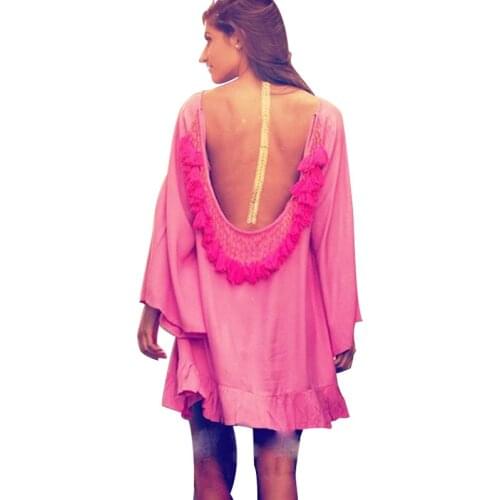 Summer New Fashion Tassel Sexy Backless Chiffon Sun Protection Seaside Beach Woman Dress Solid Full Sleeve Dress Women Donsignet