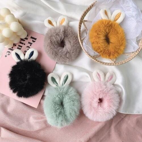 Fashion Fluffy Faux Fur Furry Scrunchie Elastic Solid Hair Ring Rope Band Tie Round Girls Rabbit Ear Pink Ponytail Plush Hair