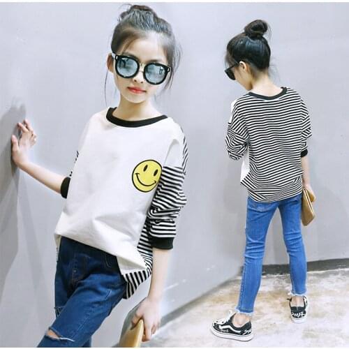 Girls Shirt Spring Autumn Striped Kids Tops Tee Cotton Fashion Smile Teenage Girls T Shirts Age 5 6 8 9 11 13 14