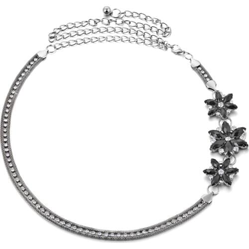 Silver Metal Waist Chain Black Flower Diamante Crystal Belt Body Belly