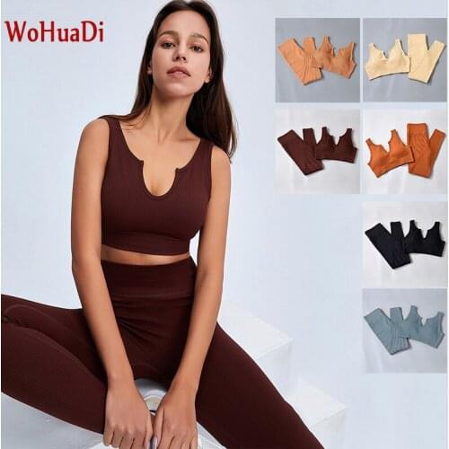 WOHUADI 2021 Sexy Seamless Yoga Set Wear Gym Fitness Suit Women Clothes U-Neck Sports Bra Stripe Sportswear High Waist Leggings