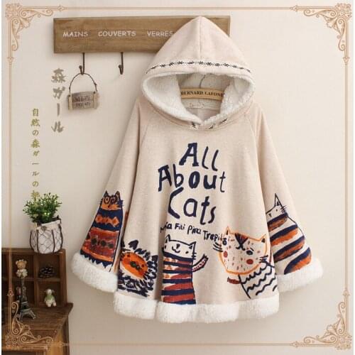 Harajuku Cute Women Cape Coat Cartoon Cat Printing Japanese MORI GIRL Winter Hooded Sweatshirt Tops Cloak