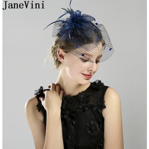 JaneVini Fascinator Wedding Hat With Face Veil Hairpin Vintage Black Bridal Hats for Women Feathers Party Hair Accessories Navy