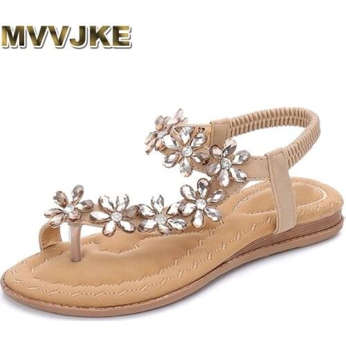 MVVJKE Summer Women Flat Gladiator Sandals Shoes Woman Bohemia Flip Flop Crystal Flower 2018 Casual Beach Sandals 35-42