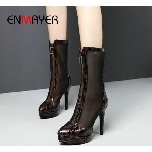 ENMAYER Women Boots Zip Mid-Calf Boots Basic Mesh (Air Mesh) PU 2020 Thin Heels Round To Patchwork Spring/Autumn Women Shoes