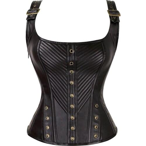 Womens Faux Leather Buckle Sexy Goth Steampunk Corset Vest Retro Overbust Corsets Bustiers Waist Trainer Cincher Corselet Brown