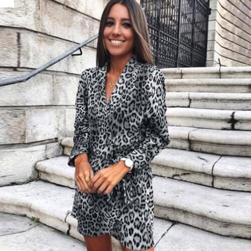 Sexy Party Dress Women V-Neck Leopard Print Shirt Dress 2021 Spring Summer Office Elegant Ladies Wrap Loose Mini Dress