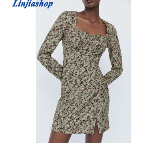 New Fall Women Vintage Floral Print Dress Long Sleeve Square Neck Pencil Mini Dress Autumn Sexy Vestido