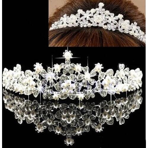 32CE New Bridal Flower Prom Wedding Pageant Veil Rhinestone Crystal Pearl Crown Tiara