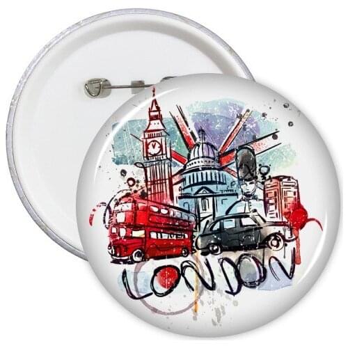 5pcs Bus Car UK England Landmark Flag Mark Illustration Pattern Round Pin Badge Button