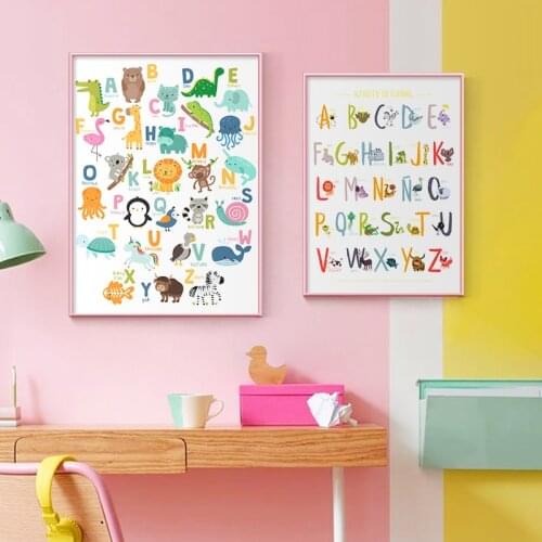 ABC Alphabet Educational Poster Cartoon Animals Print Nursery Wall Art Canvas Painting Nordic Pictures for Baby Kids Room Decor