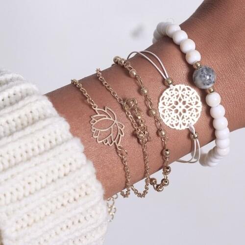 ANOMOKAY New Vintage Lotus Rice Beads Letter LOVE Fashion Wrap Bracelet Set Geometric Chain Link Bead Bracelet for Women Gift