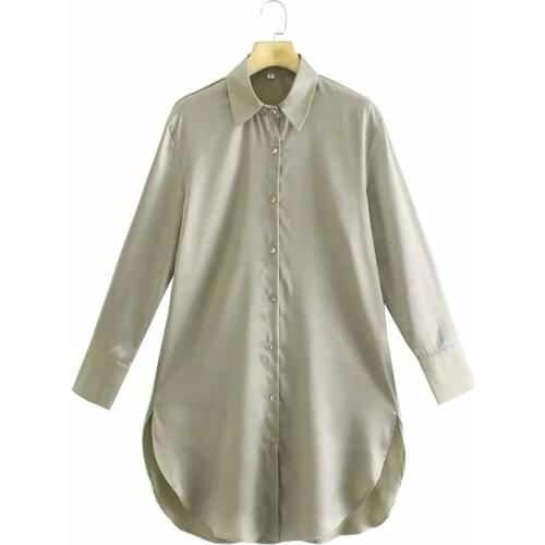TRAF Za Women Shirt Oversize Khaki Satin Blouses Woman Casual Long Summer Blouses 2021 Collared Long Sleeve Button Up Long Shirt