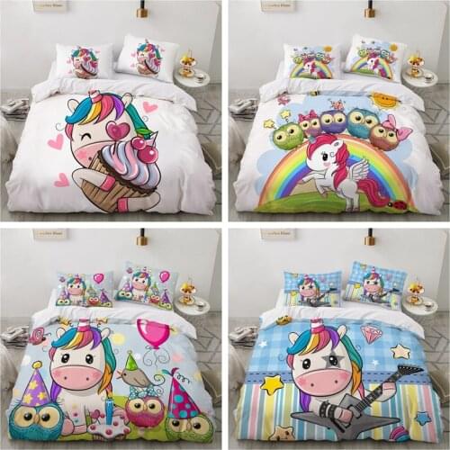Children Kids baby Pink Bedding Sets Queen King Size Cartoon Unicorn White Soft Duvet Cover Single Double Twin Full Bed Linen
