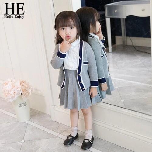 HE Hello Enjoy Girl Sets Winter Clothes For Kids Long Sleeve Knit Cardigan Coats+Pleated Skirt 2PCS Suits Children Clothing 2-6Y
