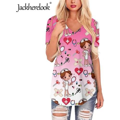 Jackherelook Pink Gradient Harajuku Shirts Woman Blouse Cute Catoon Nurse Print Female Short Sleeve Tops Clothing Plus Size 2020