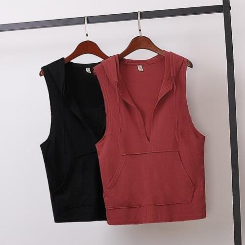 Summer Fashion Hooded Ladies Vest Tops Solid All-match Pocket Loose Sleeveless Shirt Plus size Casual Womens T-shirt Black