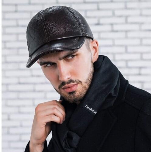 Mens Genuine Leather Hat Winter Warm Baseball Cap Male Minimalist Leather Ear Protection Cap Mens Business Top-grade Hat B9482