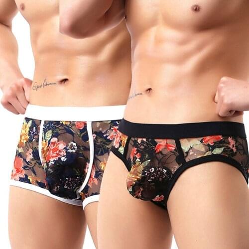 Mens Boxers Underwear Sexy See-through Lace Boxershorts U Convex Big Penis Bags Gay Transparent Underpants Bikini Slip Panties