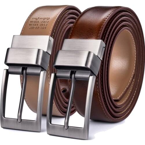 Genuine Leather Mens Belt, Reversible Dress Casual Golf Belt with Rotated Buckle, One Reverse for 2 Colors - 1Pcs