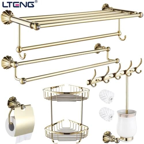 Antique Brass Bath Hardware Hanger Set Package Polished Carved With Dril Paper Holder Shelf Wall Mount Bathroom Accessories Tj10