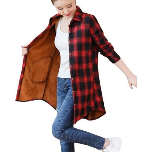 2019 New Warm Autumn Coat Female Thick Velvet Shirt Plaid Long-sleeved Shirt Cotton Women Short Jacket Casual Outerwear L30