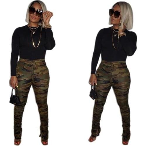 Autumn Winter Streetwear Woman Pants Slim Down Camouflage Pleated Leggings Skinny Pencil Pants Drawstring Sweatpants