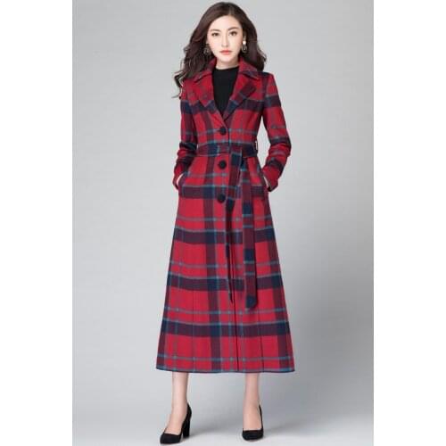 Menteau Femme Autumn Winter Wool Women Plaid Pockets Office Work Long Coats Casual Lady Slim Long Sleeve Casaco Feminino